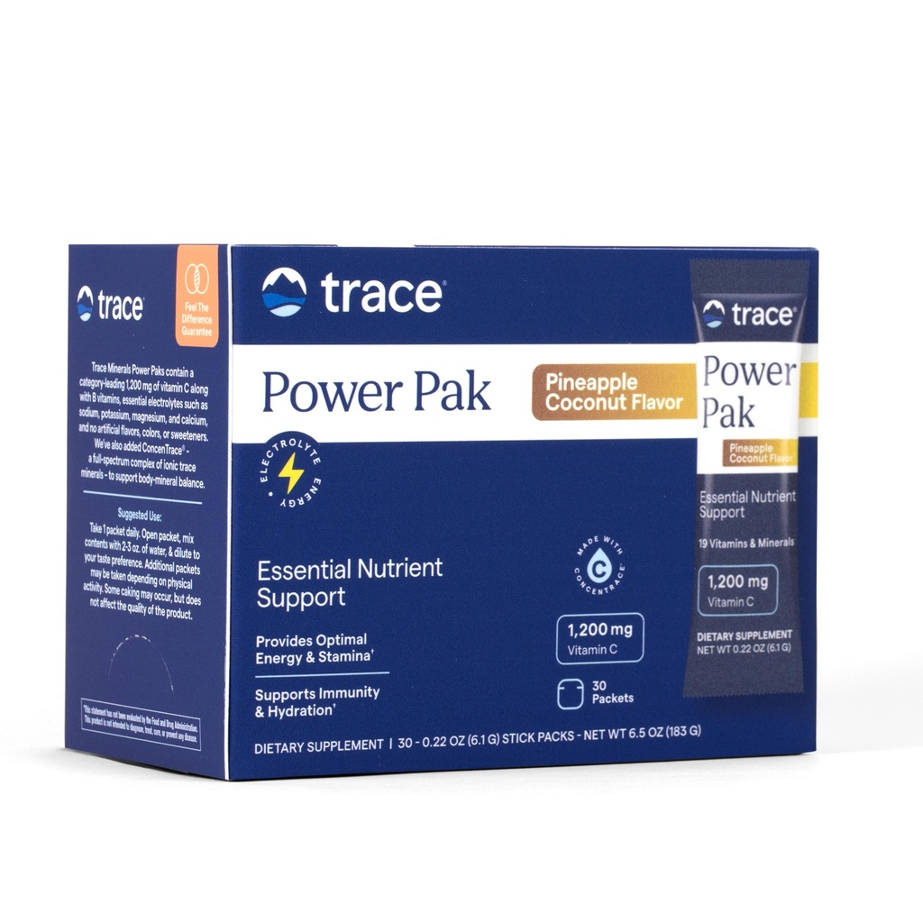 Trace Minerals Power Pak Multivitamin y Packets Multimineral - Electrolyte Support - 1200 mg Vitamina C Plus 70+ Trace Minerals - Pineapple Coconut Flavor - 30 Packets