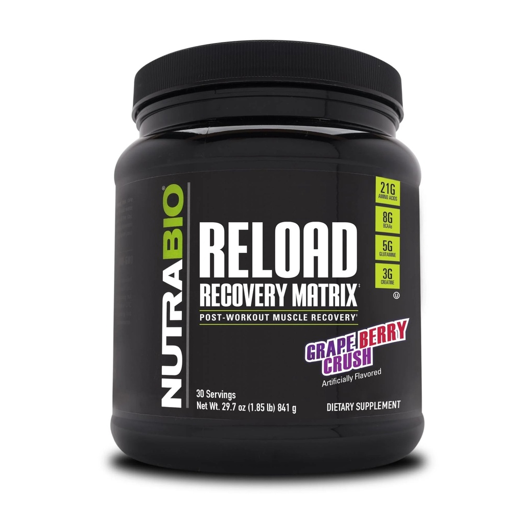 NutraBio Reload - Powerful Muscular Recovery Formula - Post-Workout Supplement - 3G Creatine - 8G BCAAs - 5G Glutamina - 30 Servimientos, Grape Berry Crush