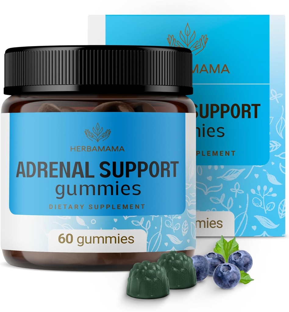 HERBAMAMA Soporte Adrenal Gummies - Suplemento Complejo Adrenal Puro para Mujeres con Aswagandha Root, Rhodiola Rosea & Magnesium - Vegan, Non-GMO - 60 Pectin-Based Blueberry-Flavored Chews