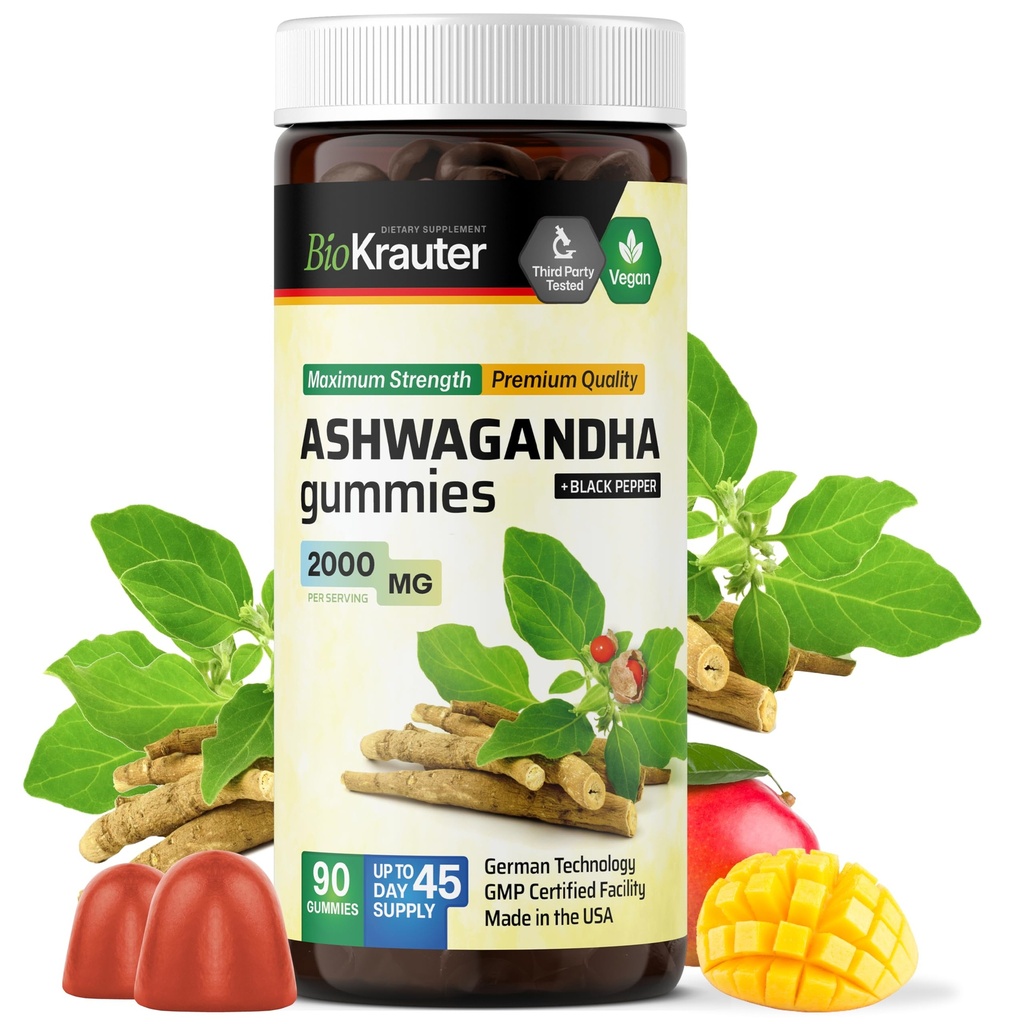 BIO KRAUTER Ashwagandha Gummies for Women ' Men - 2000 mg Fuerza - 90 Chews for Mood Support - Chewable Ashwagandha Suplementos - Vegan - Mango Flavor
