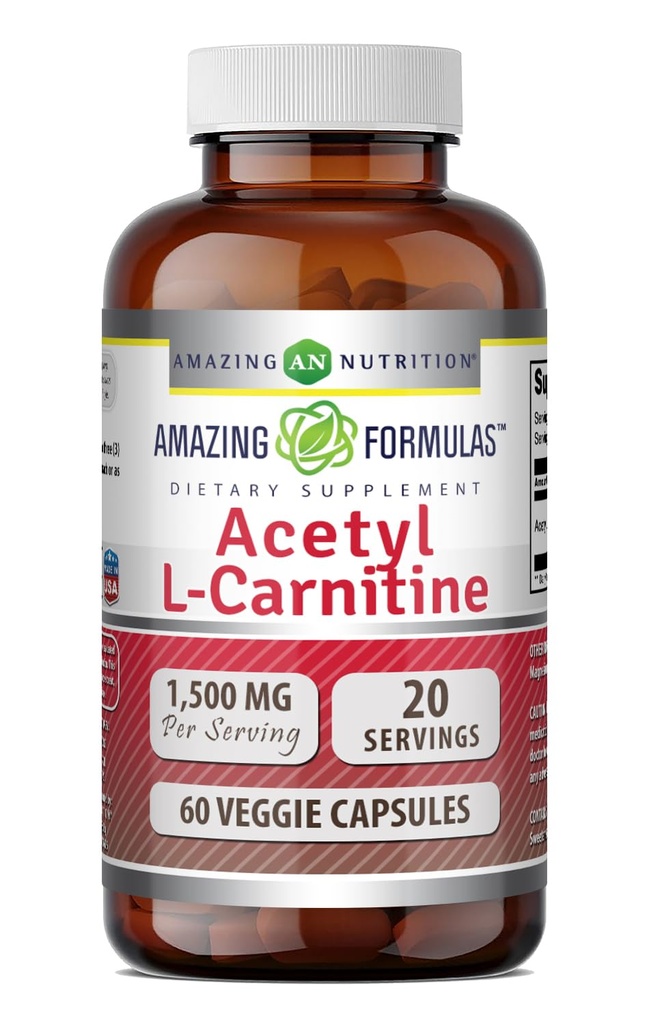 Fórmulas increíbles Acetyl L-Carnitine Hcl Veggie Suplemento dietético - 500 Mg, Veggie Capsules (No GMO,Gluten Free) Por Bottle - Promueve la producción energética " Función cognitiva (60 Cuenta)