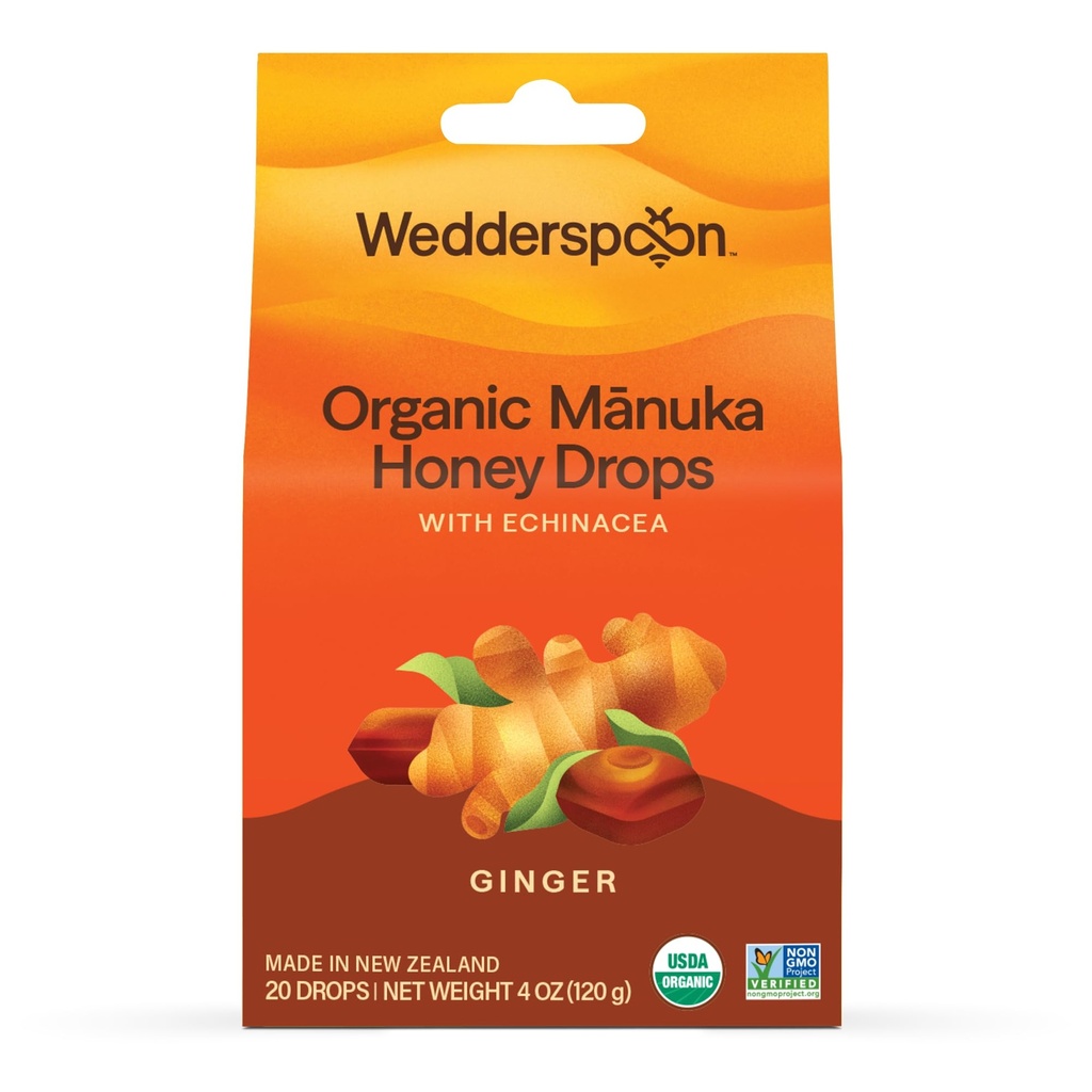 Wedderspoon Organic Manuka Honey Drops, Ginger &amp; Echinacea, 20 Cuenta (Pack of 1) ← Genuine New Zealand Honey ← Perfect Remedy For Dry Throats
