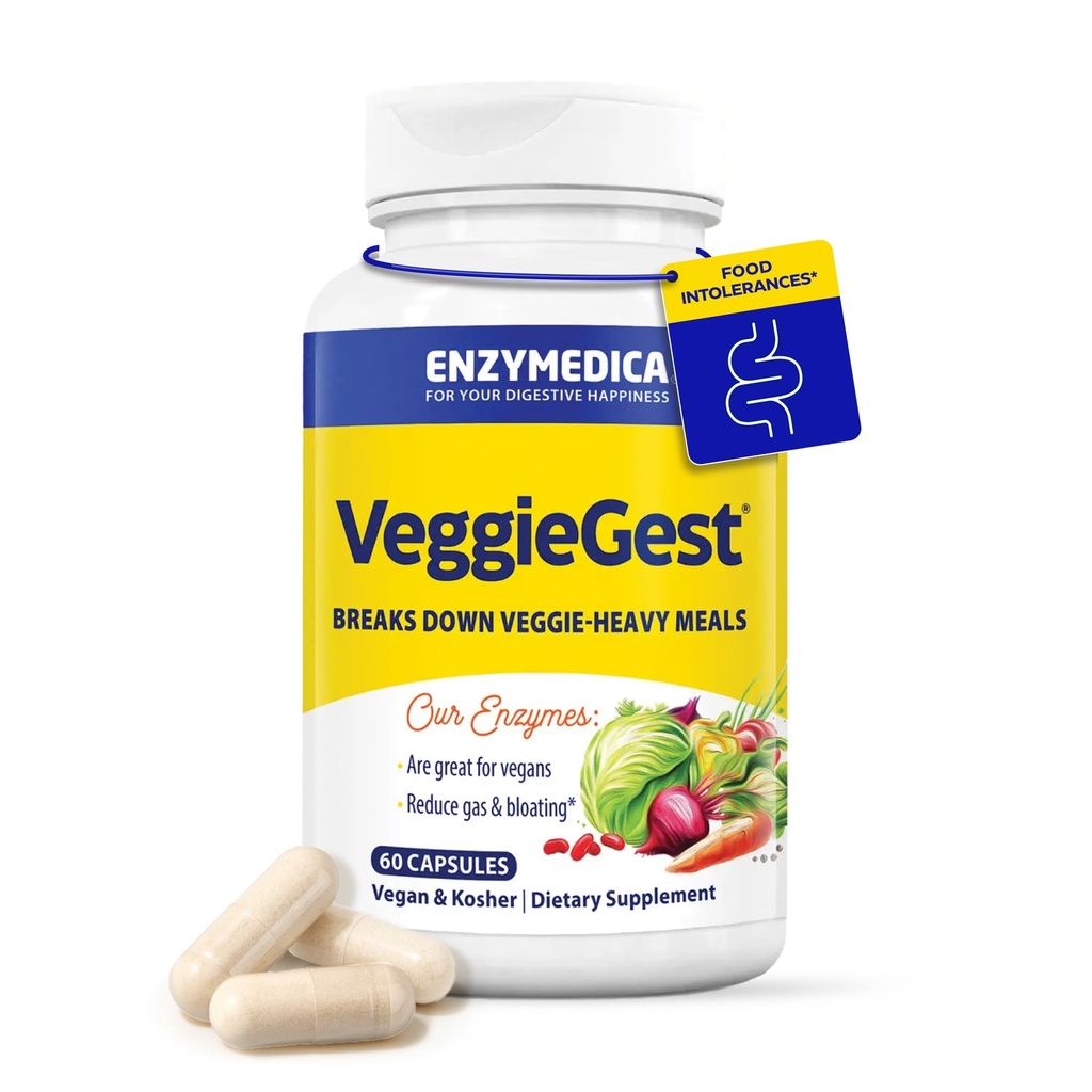 Enzymedica, VeggieGest, Enzymes Digestivos, soporta Gas ocasional &amp; Bloating Relief from High Fiber Meals, for Vegan &amp; Vegetarian Diets, Enzyme Blend for Digestive Health, 60 Cuenta