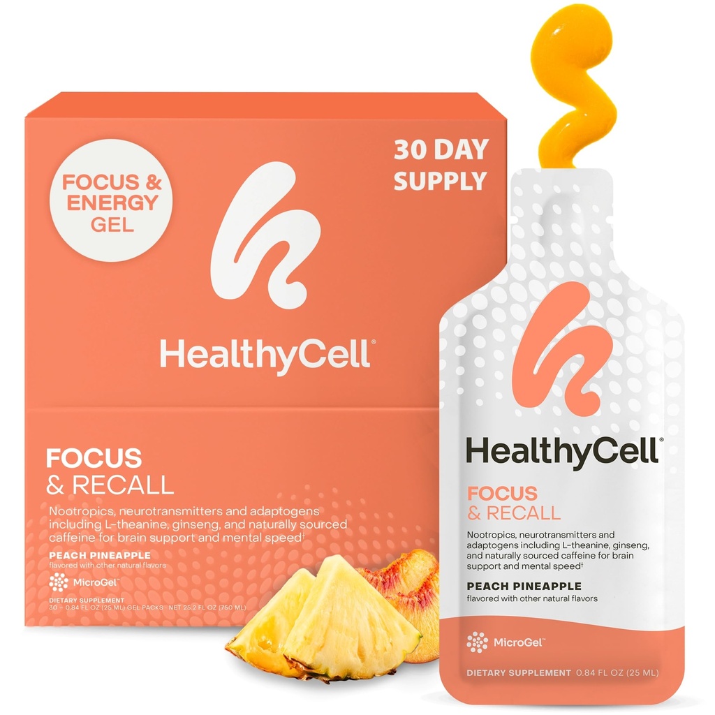 Healthycell Focus " Recall, Daily Liquid Brain Supplement for Focus " Memory - Nootropics Supplement for Concentration " Alertness with L-Theanine, Omega-3 " Taurine - 30 Gel Packs
