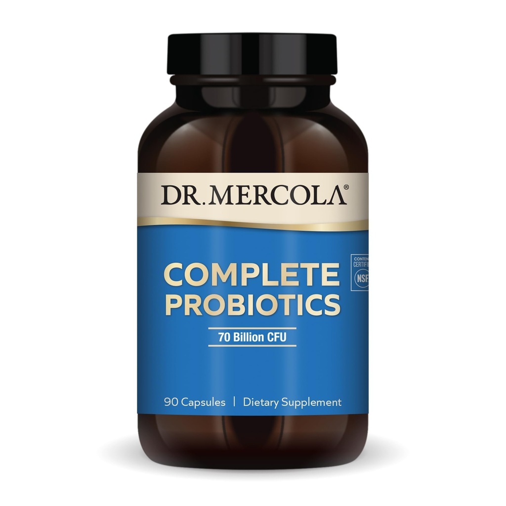 Dr. Mercola Probióticos Completos - 70 Billion CFU - Soportes Immune, Digestive & Gut Health - Características 10 Strains - Estante estable - GMO-Free, Sin gluten &amp; Soy-Free - 90 cápsulas (90 Serviciones)