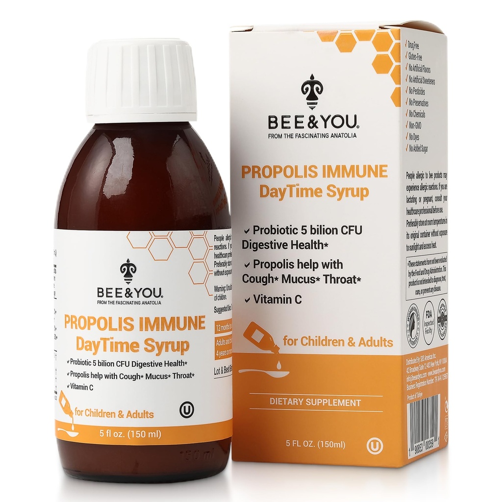 Bee and You Propolis Immune Day Syrup with Probiotic, Vitamin C, Immune Support, Digestive Health, Antioxidants, Gut Health 5 Fl Oz