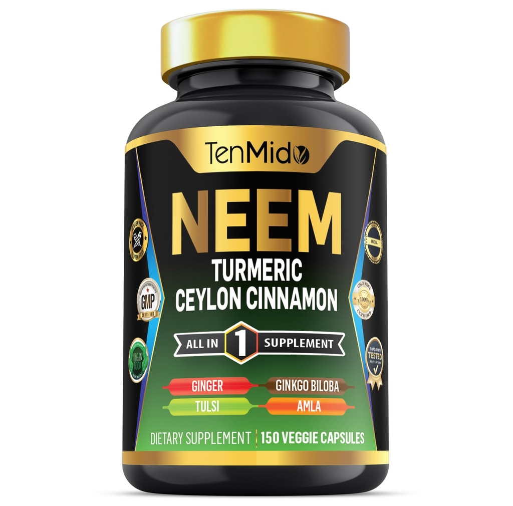 Neem Leaf Suplemento - 8in1 Fórmula - Combina con Turmeric, Ceylon Cinnamon, Ginger, Tulsi, Ginkgo Biloba, Amla y Black Pepper - Immune Health Support - 150 cápsulas Vegan
