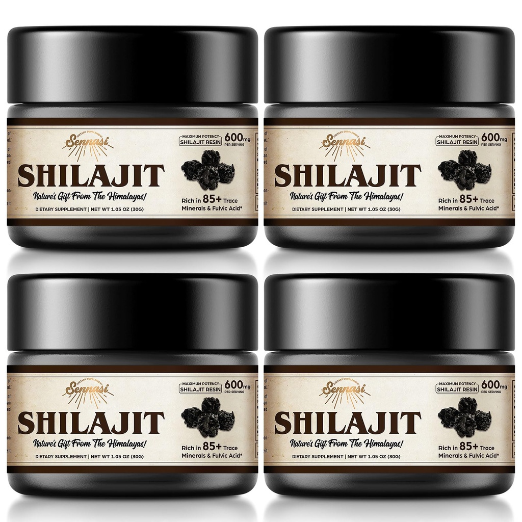 Shilajit Puro Himalayan Orgánica Shilajit Resin - 600mg Potencia Máxima Potencia Natural Shilajit Resin con 85+ Minerales Trace & Ácido Fulvico para la Energía, Apoyo Inmunitario, 30 Gramos (4 Pack)