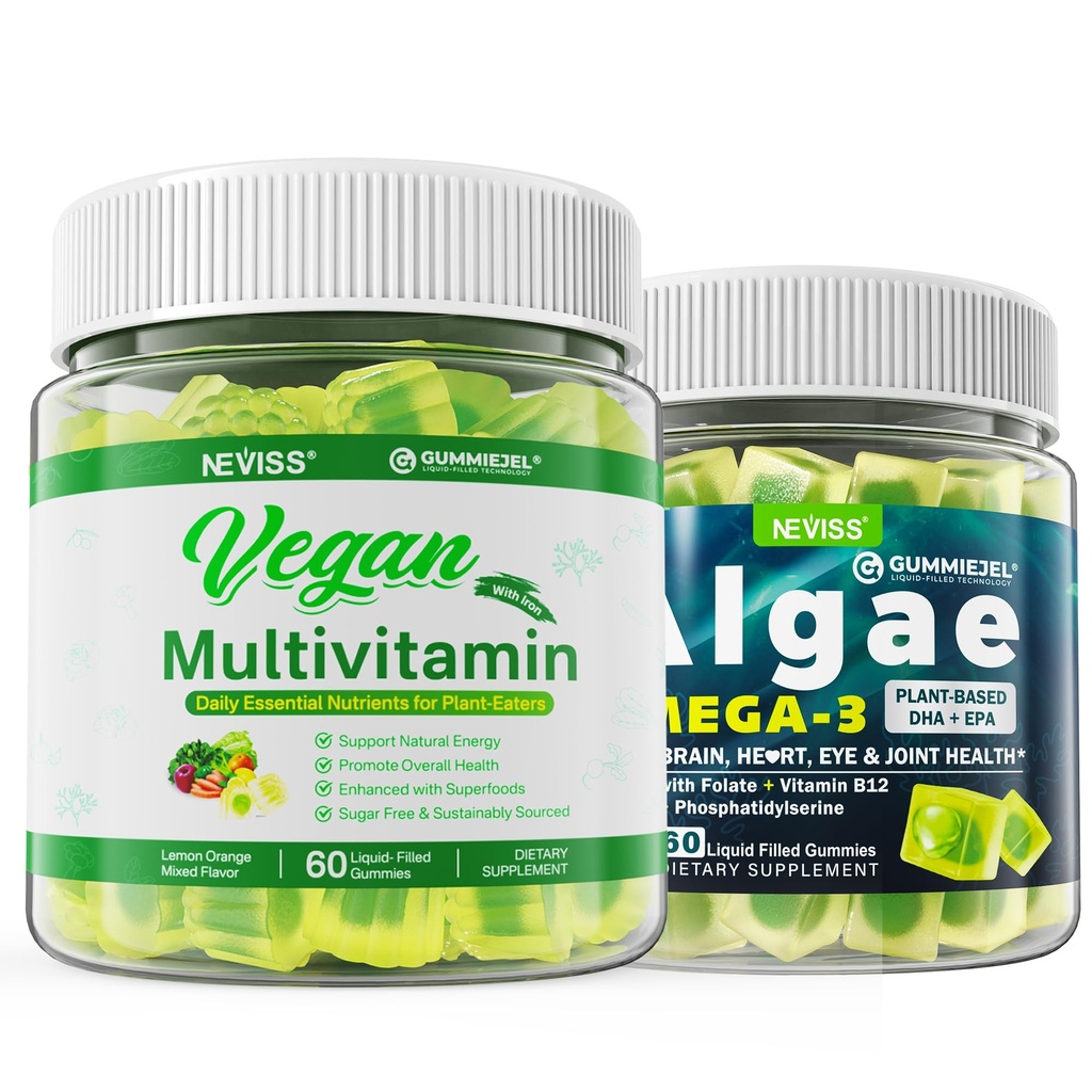 Vegan Omega 3 Gummies 1000mg con Multivitamina Vegan para Mujeres Hombres con Hierro, Vitamina B12, A, D3, K2, Algae Omega 3, Magnesio, Zinc