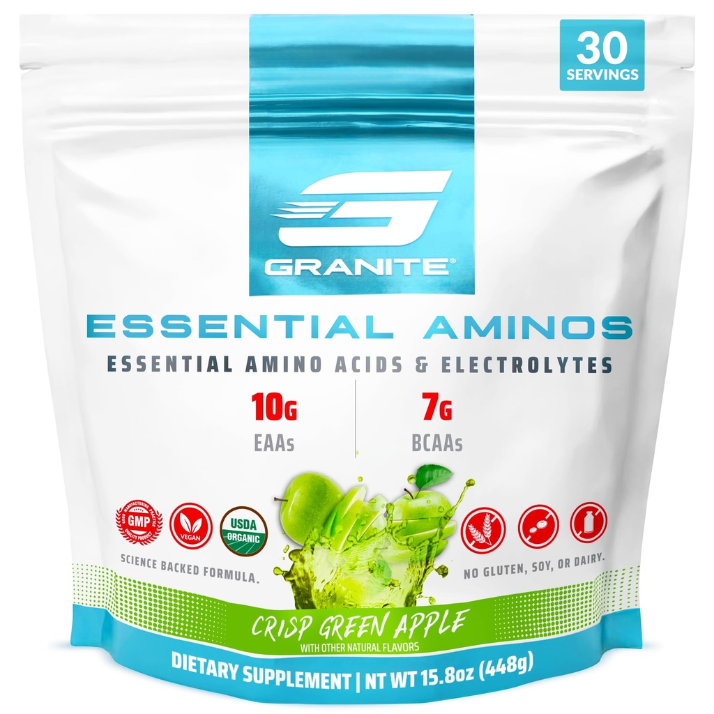 Aminoácidos esenciales de granito Polvo, sabor de manzana verde, con 10g EAAs y 7g BCAAs, apoya la recuperación del músculo " Crecimiento, libre de soja, libre de gluten (30 piezas)