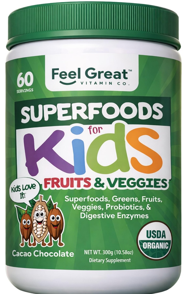 Feel Great USDA Organic Super Greens Powder for Kids - Cocao Chocolate  durable Fruit & Veggie Supplement  preserve Superfood Powder with Probiotics & Digestive Enzymes for Digestive Health ← 60 Days Supply