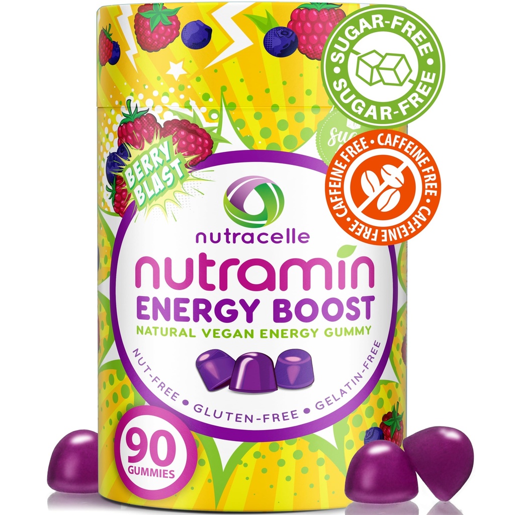 NUTRAMIN Energy Boost Vitamin Gummy - Skip The Coffee &amp; Boost Your Energy, Caffeine-Free, Sugar-Free, Vegan, B12, Green Tea, Ashwagandha, Garcinia Cambogia, Raspberry Adaptogen - 90 ct