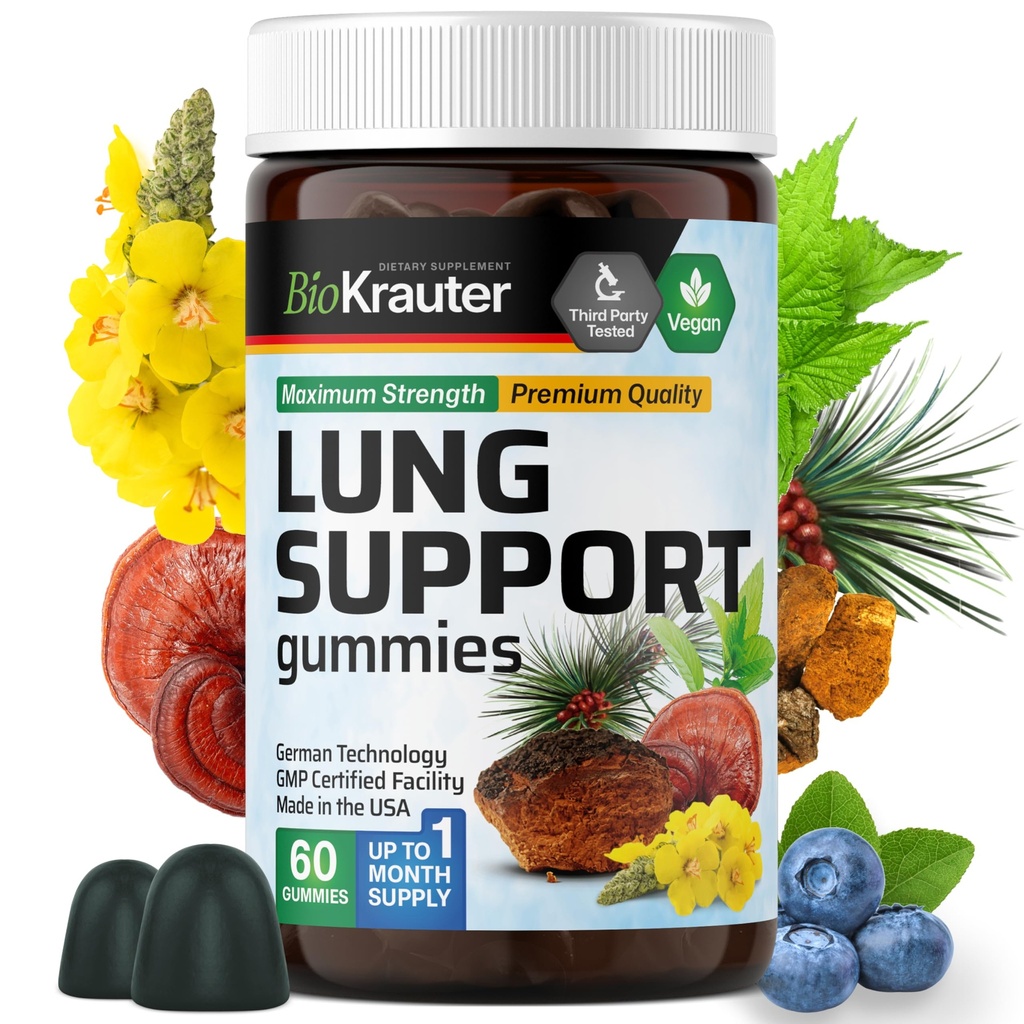 BIO KRAUTER Lung Detox Gummies - 60 Chews Vegan - Lung Cleanse Supplement w/Vitamin C &amp; Mullein Leaf Blend - Respiratory Support