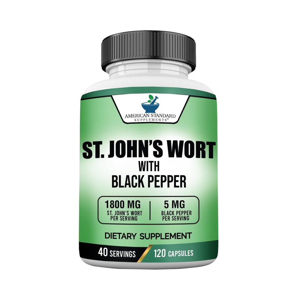 American Standard Supplements St. John’s Wort 1800mg Por Serving with Black Pepper Fruit Extract - Vegan, Gluten Free, Non-GMO, 120 Capsules, 40 Servings