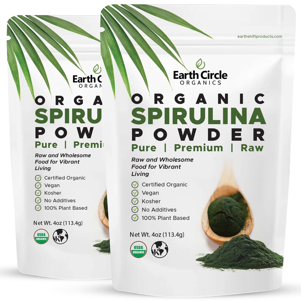Círculo de la Tierra Orgánicas Spirulina Powder, Kosher, Raw y No-Irradiated ¦ Pure Vegan Protein ← Premium Superfood, High in Amino Acids and Antioxidants - 4 Ounce (2 Packs)