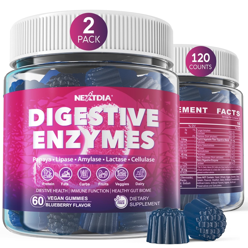 Enzimas digestivas para mujeres y hombres Gummies w / Probióticos, Papaya, Bromelain, Ginger - Alivio de Bloating " Gut Health Chewable Supplement Digest Proteins Dairy Carbs Veggies Fats, Sugar Free Vegan, 120Cts