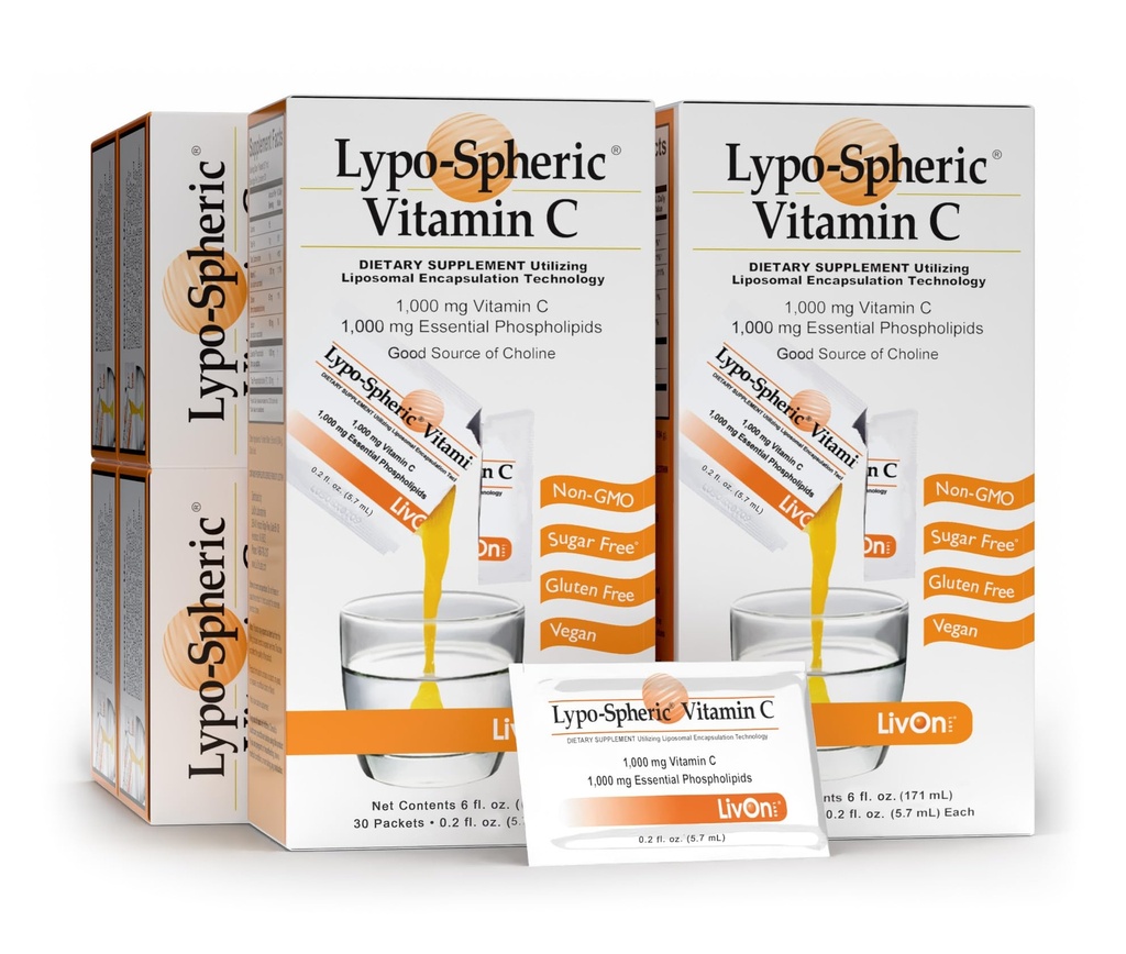 LivOn Laboratories Lypo–Spheric Vitamin C – 6 Cartons (180 Packets) – 1000 mg Vitamina C &amp; 1,000 mg Phospholipids esenciales Por Packet – Liposome Encapsulado para una absorción mejorada – 100% No GMO