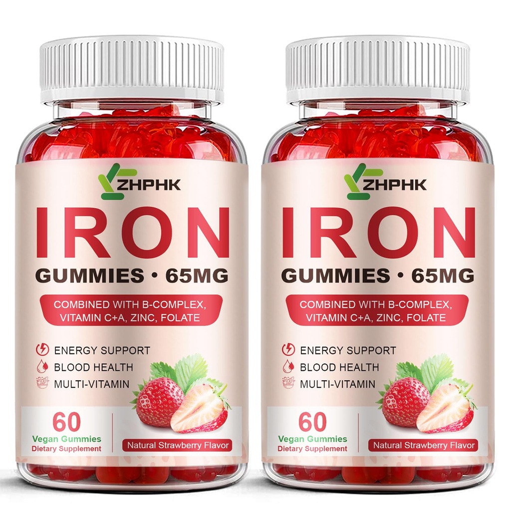 Suplemento de hierro Gummies para mujeres, hombres &amp; niños, 65 mg de hierro &amp; 250 mg Vitamina C por ser - Sangre saludable, energía &amp; apoyo inmunológico Hierro Vitamina Gummy con folato, 2 Pack