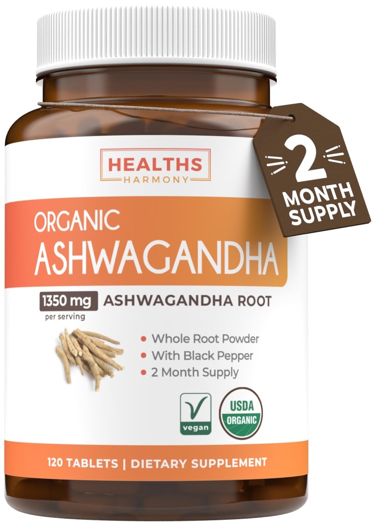 USDA Organic Ashwagandha Supplement - High Potency Ashwagandha Pills Made with Organic Black Pepper for Enhanced Absorption - Vegan Non-GMO Made in the USA &amp; Lab Verified (2 Months Supply)