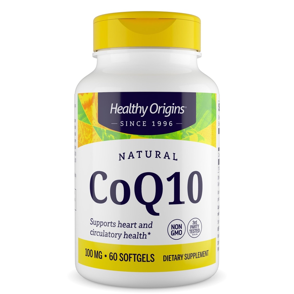 Orígenes saludables® CoQ10 100 mg – Ubiquinona Trans-Isomer Natural – fermentada por levaduras, apoya la salud cardíaca y energía celular – No GMO 60 Softgels
