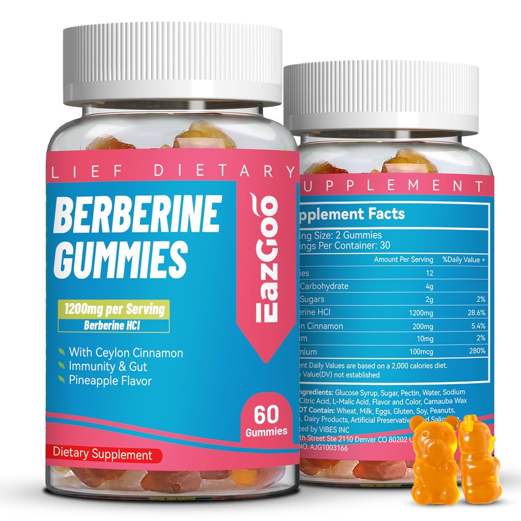 Berberine Gummies with Ceylon Cinnamon,1200mg Berberine HCI Supplement for Metabolism and Energy Support, Vegan, Non-GMO and Gelatin-Free - 60 Conde