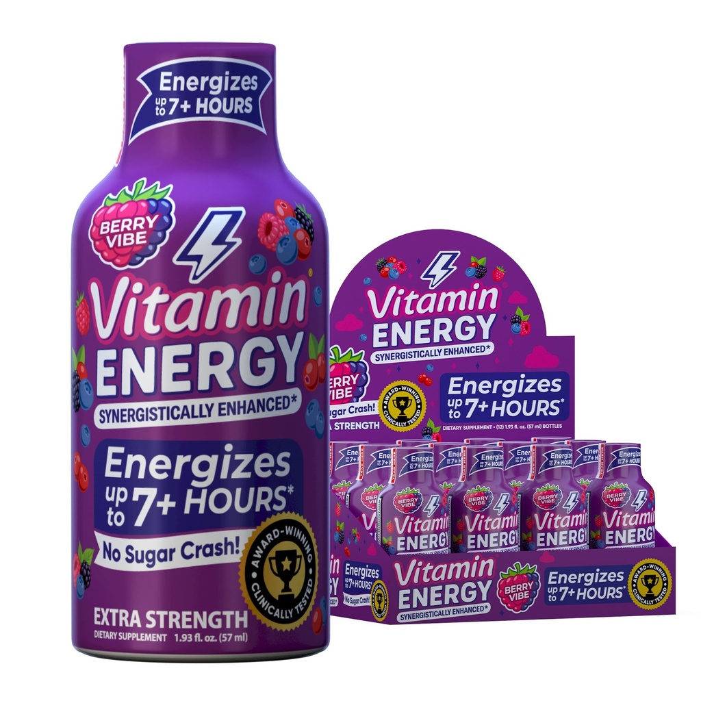 Vitamin Energy B12 11,000% Extra Strength Energy Shot Pink Berry 12 Pack, 260mg Natural Caffeine, B12 &amp; B6, Nootropic Focus, Vitality, Zero Sugar, Gluten-Free, Vegan, Kosher, 1.93 fl oz