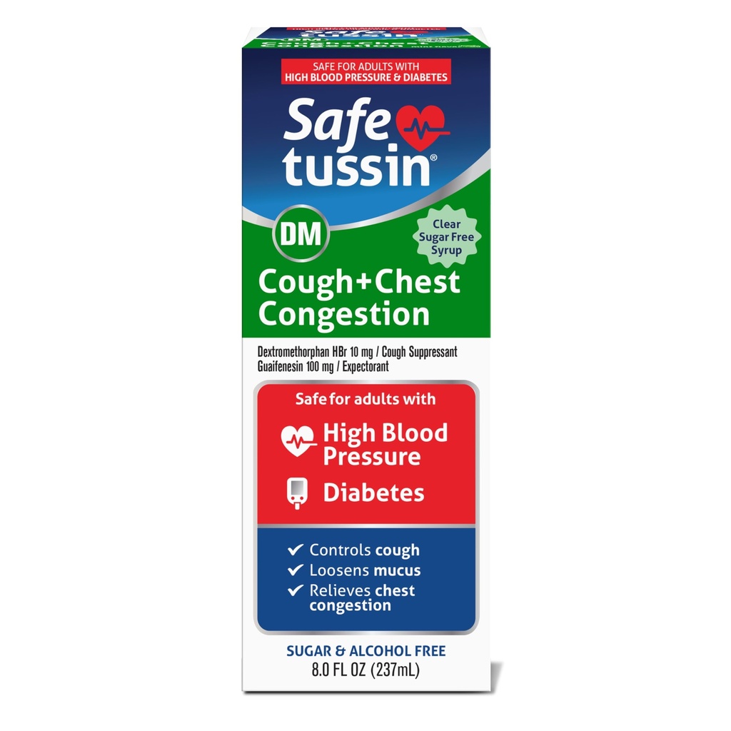 Safetussin DM Cough " Chest Congestion, 8 oz, Expectorant Mucus Relief, Cough Relief Syrup, Safe for Adults with High Blood Pressure " Diabetes