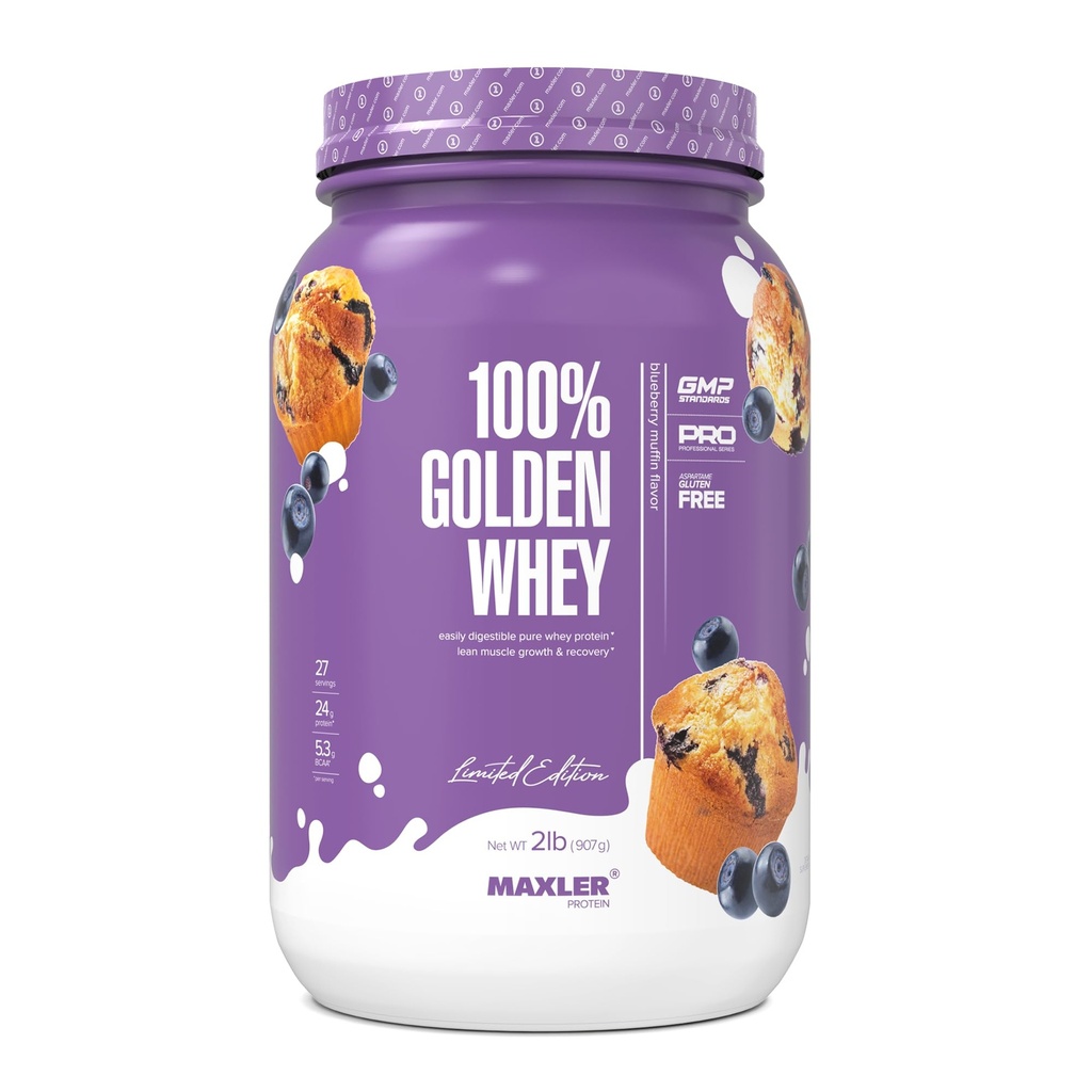 Maxler 100% Golden Whey Protein - 24g de Proteína por Servir - Premium Whey Protein Powder para Pre Post Workout - Fast-Absorbing Whey Concentrate, Isolate & Hydrolysate Blend - Blueberry Muffin 2 lb