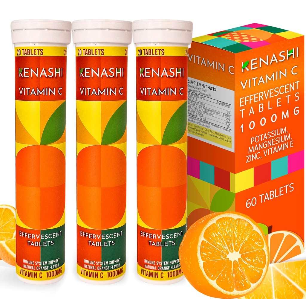 Vitamina C Tablas efervescentes 1000 mg con zinc magnesio Vitamina E & potasio Vitamina C Efervescente 60 Tablas 3 Pack Vitamina C