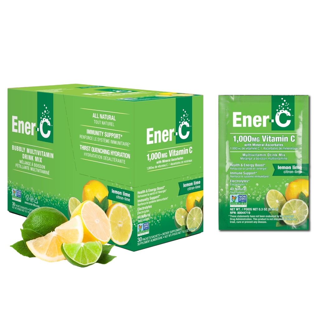 Mezcla de bebidas multivitamínicas ener-C - Packets de vitaminas para agua, paquetes de pólvora de electrolitos, mezcla de vitaminas, mezcla de líquido hidratante, boóster inmune para adultos, energía sana - limón, 30 conde