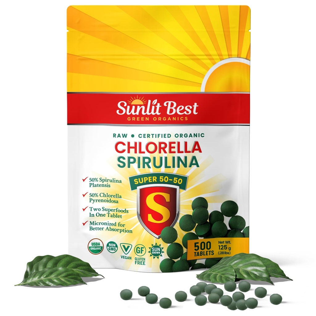 Sunlit Super 50/50 Organic Chlorella Spirulina Tablets - Super Suplemento para Immune Support, Gut Health, Mood & Energy - Rich in Chlorophyll, Amino Acids & Vegan Protein, 500 Superfood Tabs