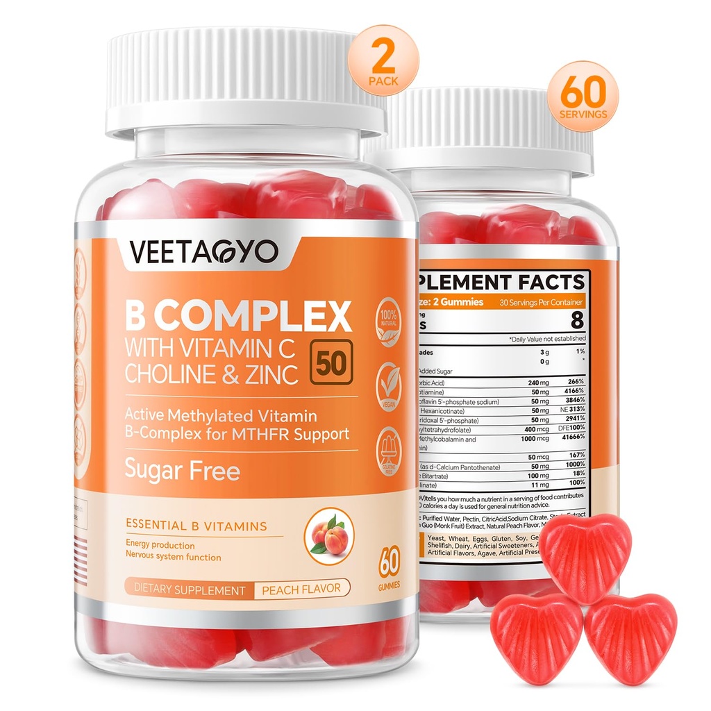 Complejo B 50 Gummies , Complejo B Meditado con Vitamina C,Choline & Zinc - Active Methylated B-Complex for Energy,Metilado Soporte - Todas las vitaminas B - B1,B2,B3,B5,B6,B7,B9,B12 - Sugar Gratis,120 Conteo