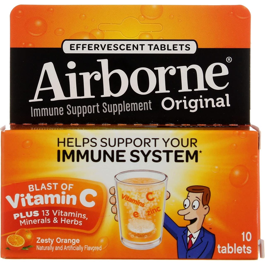 Airborne 1000mg Vitamina C con Vitamina D &amp; Zinc, Sugar Free Multivitamin Immune Support Suplemento, Antioxidantes Vitaminas A C & Vitamina E, 10 Tablas Effervescentes, Zesty Orange Flavor