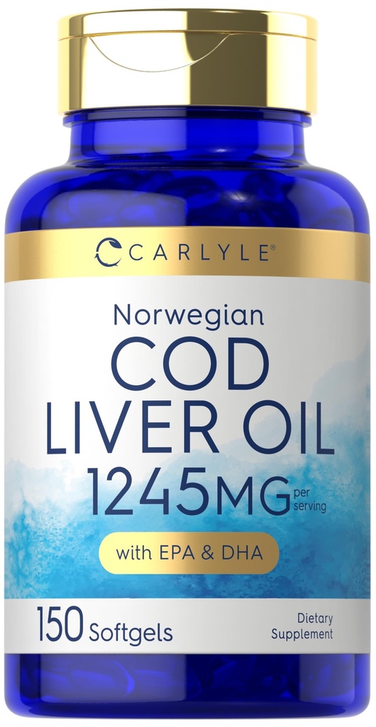 Carlyle Norwegian Cod Liver Oil Silencioso con EPA &amp; DHA Silencio 1245mg Silencio 150 Softgels ← Capsules líquidos