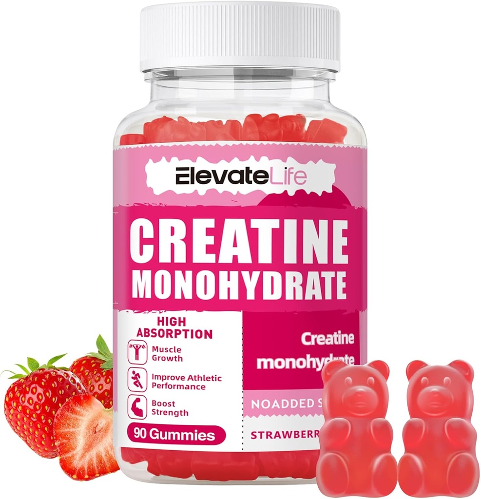 ElevateLife Creatine Monohydrate Gummies 5000mg para Hombres &amp; Mujeres, Chewables Cretina Monohydrate para la fuerza muscular, Muscle Builder, Energy Boost, Pre-Workout Suplemento(90 Cuenta)-Strawberries