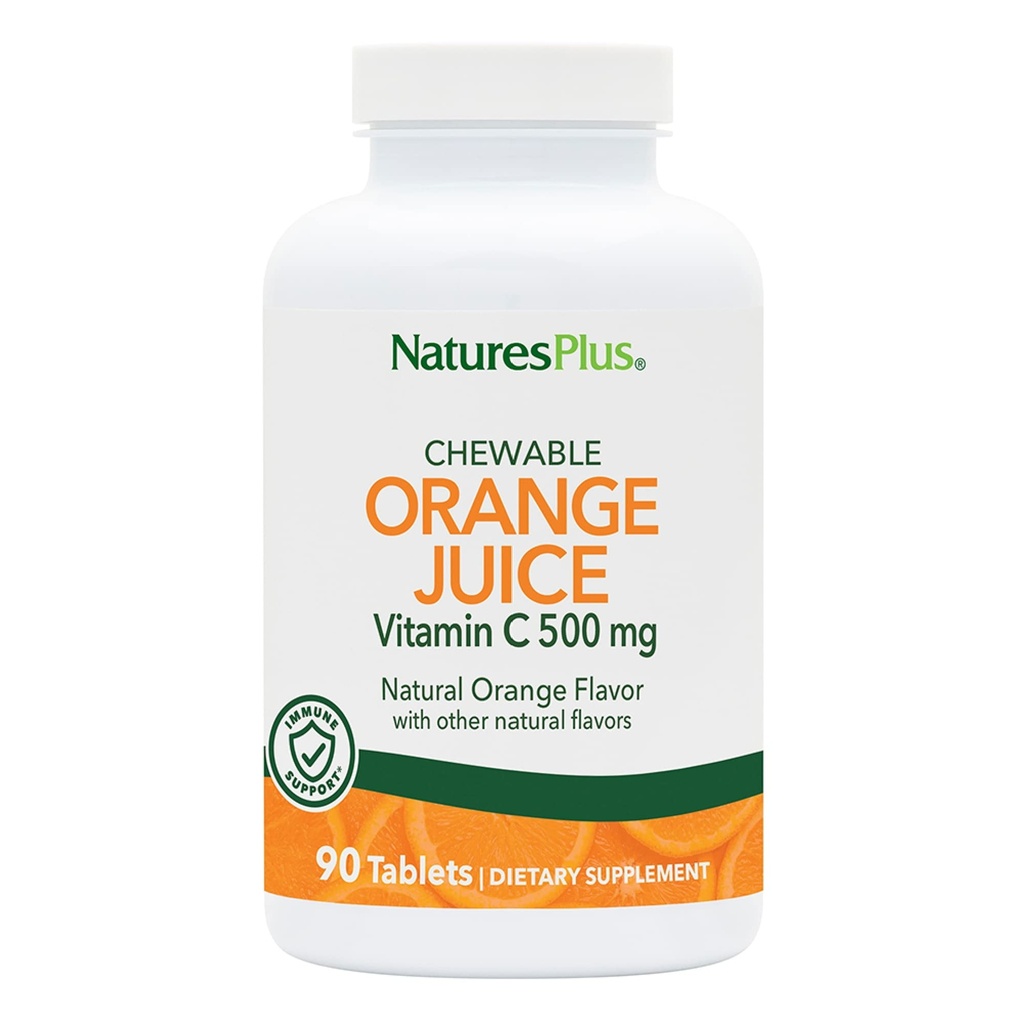 Natures Plus Orange Juice Chewable Vitamina C - 500 mg, 90 Tablets - High Potency Immune & Vascular Health Support Supplement, Antioxidant - Gentle On Stomach - Vegetarian, Gluten-Free - 90 Servings