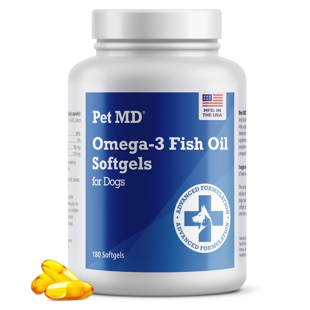 Pet MD – Omega 3 Fish Oil Suplemento para perros – Skin and Coat Support for Dogs – 180 Softgels