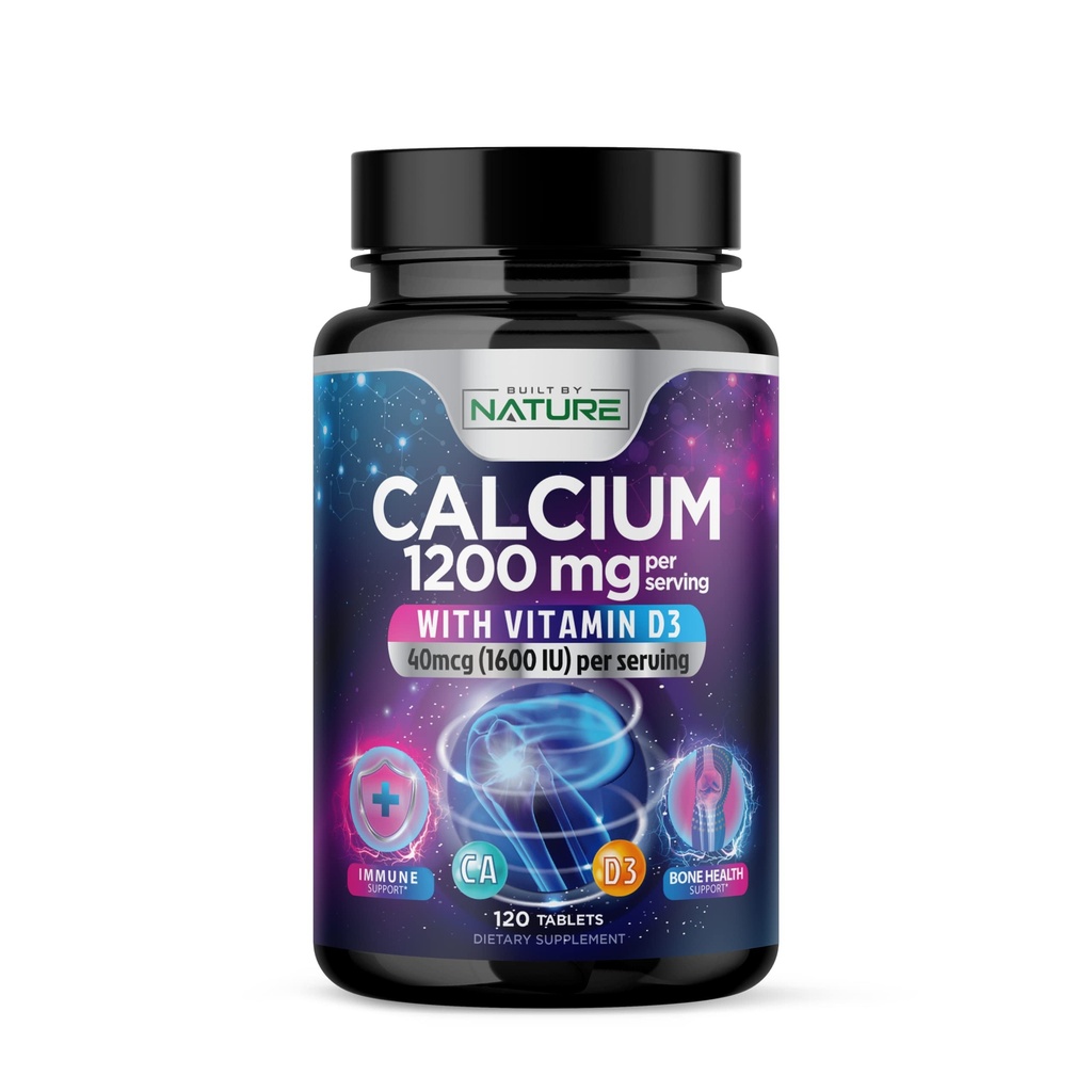 Calcio 1200 mg con vitamina D3 para la mejor absorción - Suplemento de soporte de bonificación avanzada, 1200 mg de carbonato de calcio " 1600 UI Vitamina D3, Slow Release for Immune Support, Easy to Swallow, 120 Tablets