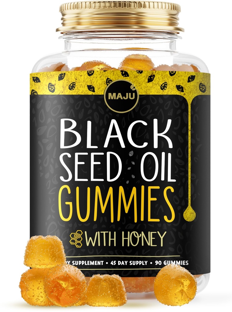 Mangas de aceite de semilla negra de MAJU con miel 90ct, 500mg BSO Gummy, Negro Cumin Seed Nigella Sativa Oil, Cold-Pressed, Fórmula de Potente, 90ct