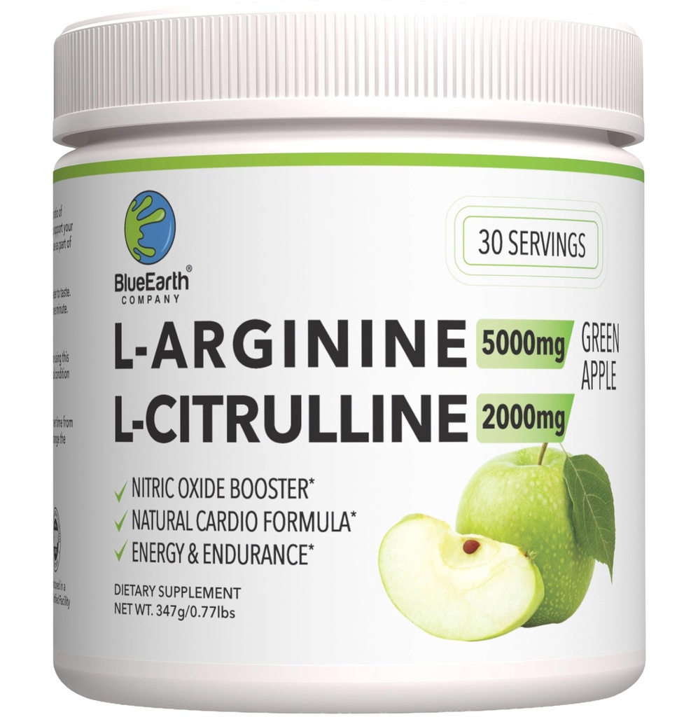 L-Arginina 5000mg + L-Citrulline 2000mg Complex Powder Supplement Drink Mix - Nitric Oxide Booster for Heart Health, Blood Flow & Energy - 30 Servings (Gran Apple)