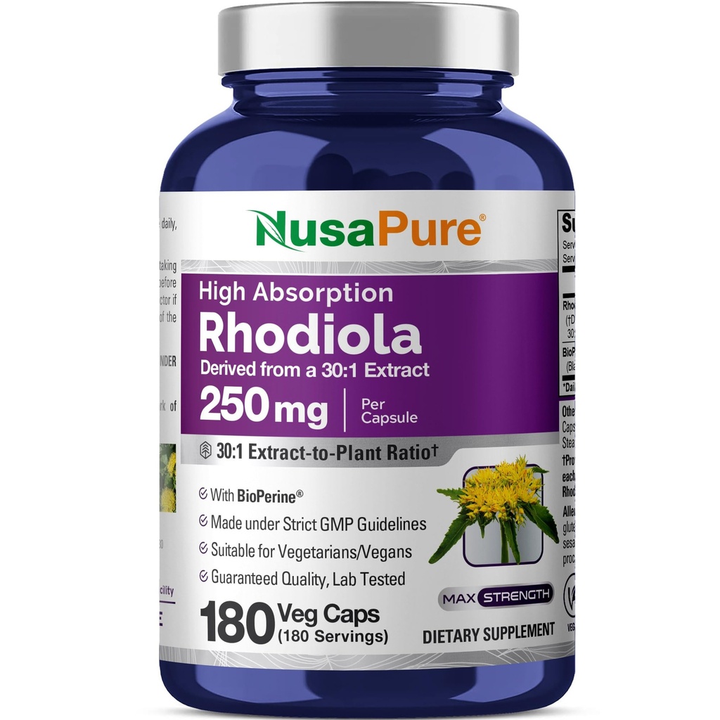 NusaPure Rhodiola Rosea 7,500mg 180 Veggie Capsules (No-GMO, Extracto 30:1, Vegan &amp; Gluten-Free) Bioperina
