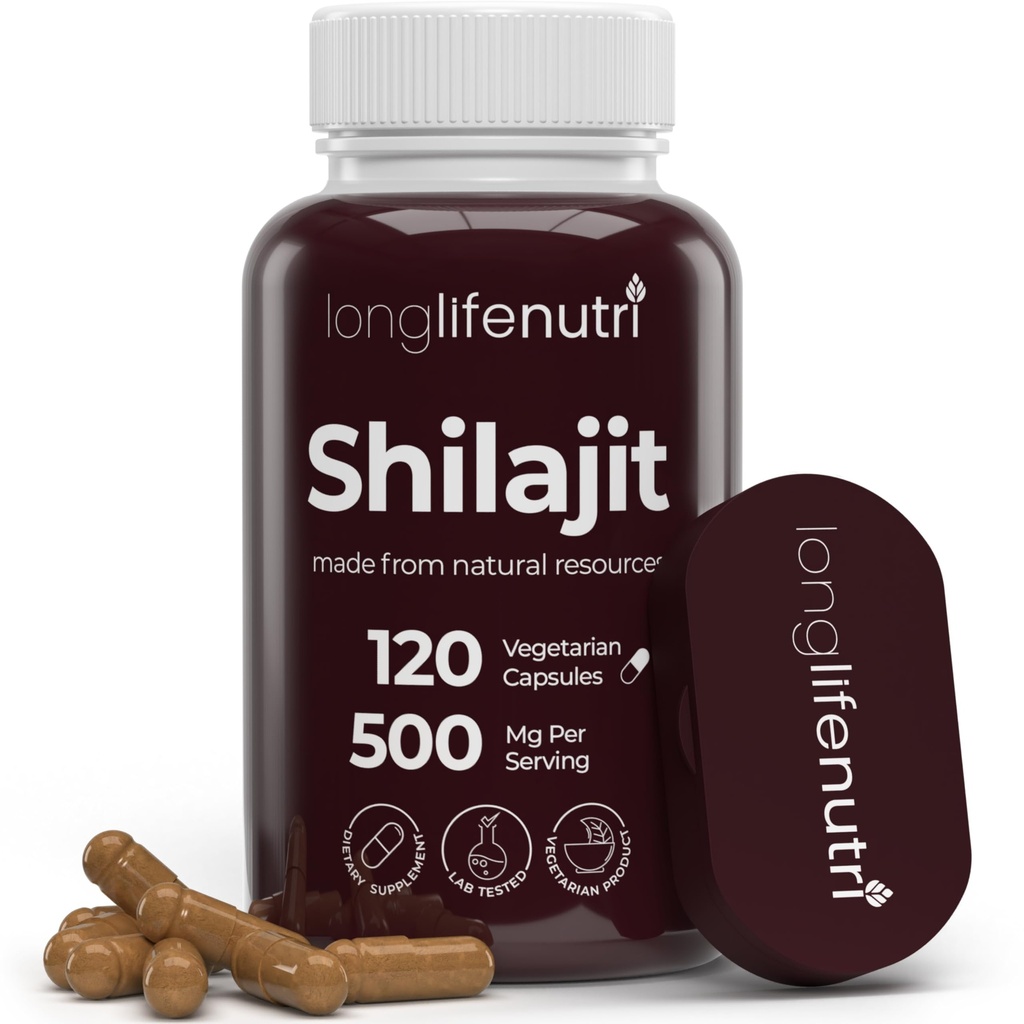 Shilajit Pure Himalayan Extract 500mg con 15% de ácido Fulvic 500mg - 120 cápsulas vegetarianas, 4 meses de suministro, Suplemento orgánico para la vitalidad " Claridad mental, hecho en EE.UU., Gluten Free, Non-GMO