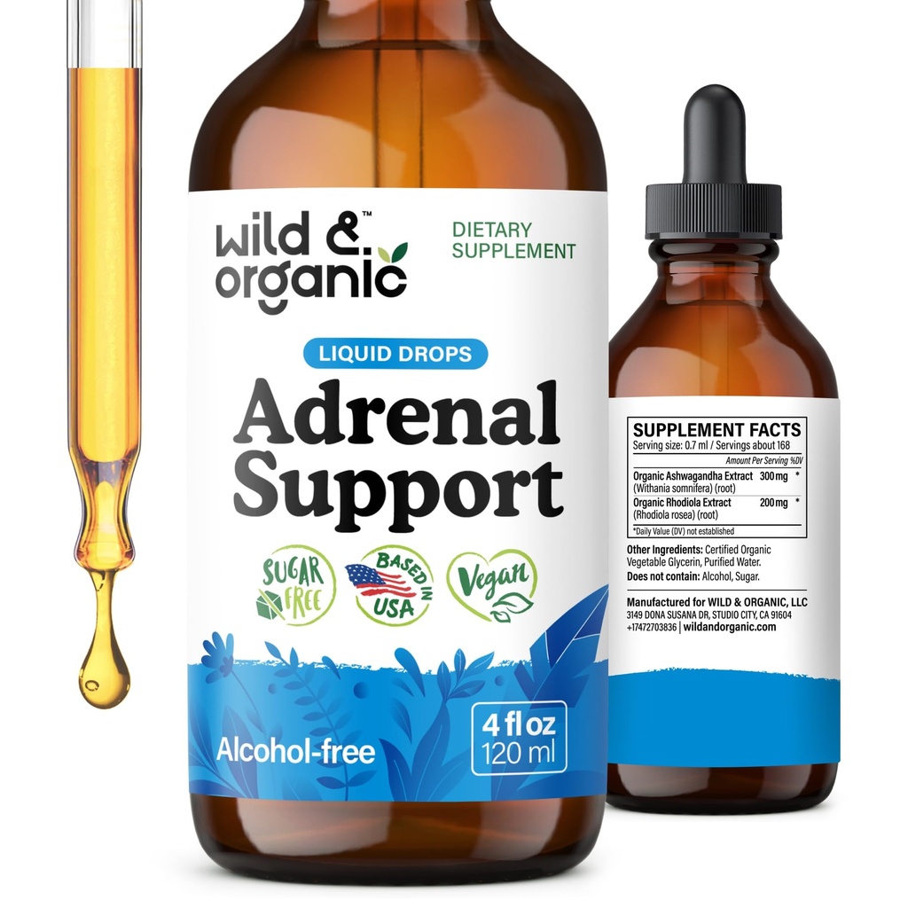 Wild &amp; Organic Adrenal Support Drops for Positive Outlook - Natural Adrenal Support Supplements for Women and Men - Vegan, No Sugar & Alcohol - 2-Month Supply - 4 fl oz