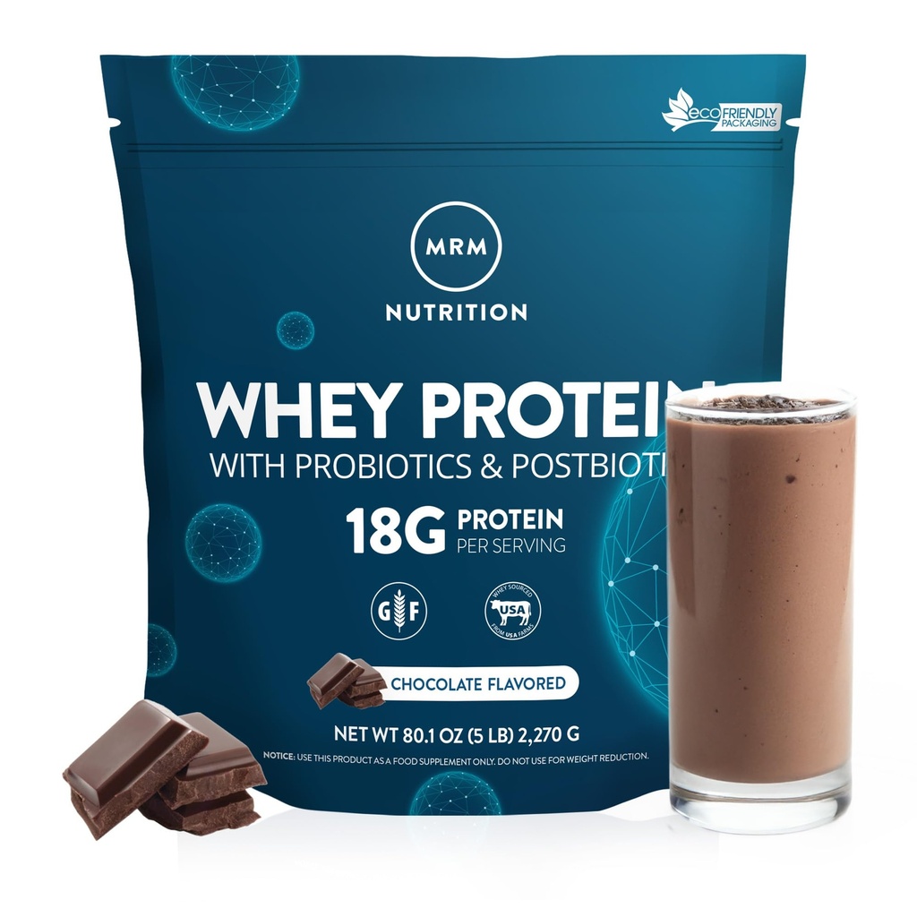 MRM Nutrición Whey Protein ← Chocolate Flavored tención 18g Protein Silencioso con 2 probióticos de billón + enzimas digestivas + BCAAs TEN High Absorption + Digestion ANTE Hormona + antibiótico Libre TEN 87 Servimientos
