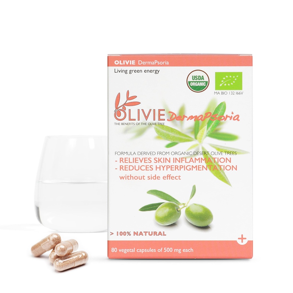 Orgánica de la hoja de oliva Suplemento para Mujeres y Hombres por OLIVIE Silencioso DermaPsoria Suplemento para la psoriasis, Eczema, Hyperpigmentation ¦ Olive Oil Capsules ← Antioxidante Polyphenols  80 Vegetal Capsules