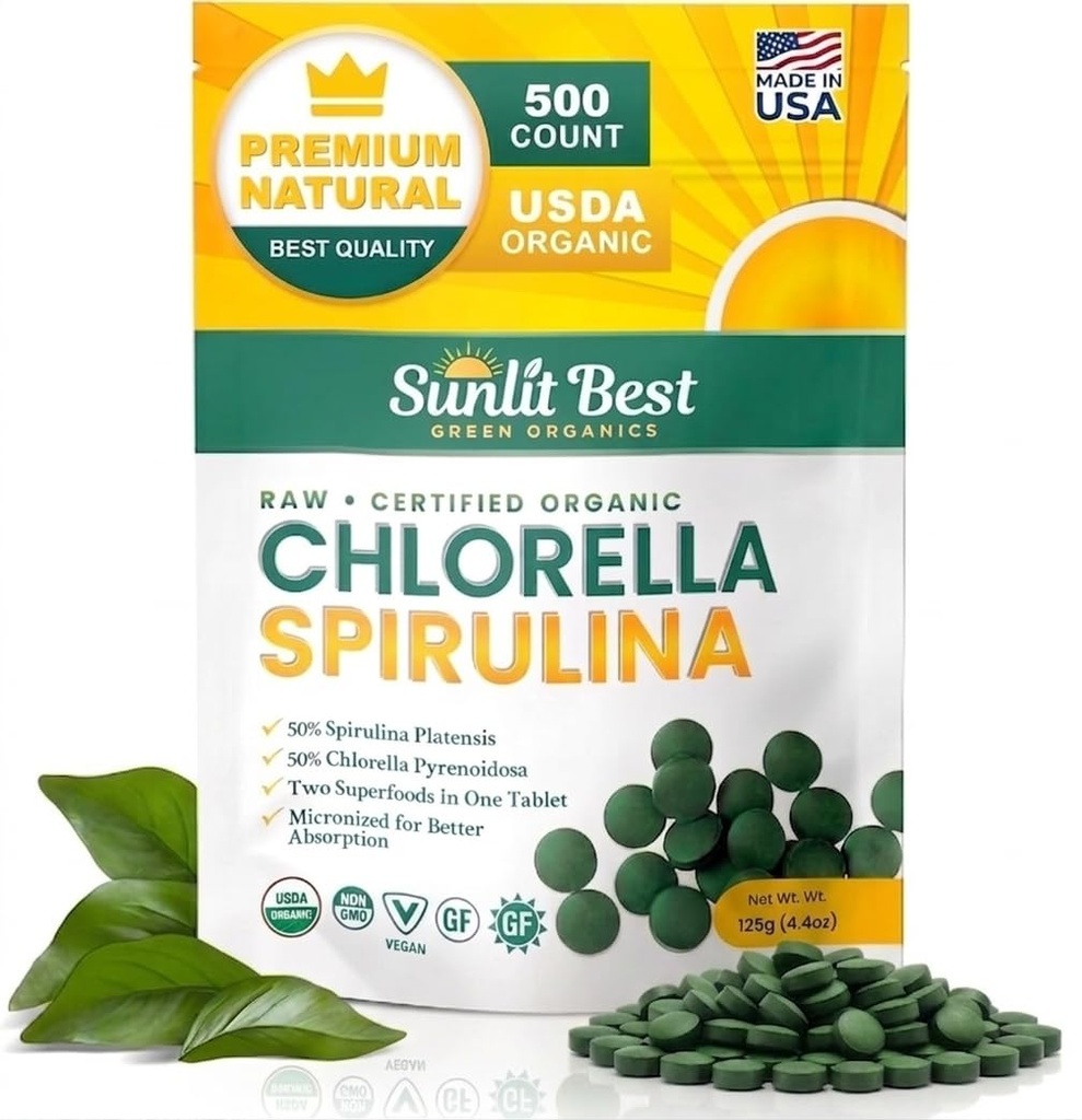 Sunlit Best Chlorella Spirulina Tablets - Organic USDA, Premium Spirulinas y Chlorella Capsules 500 Pills - Clorellas Superfood Natural con Spirulina Algae, Enzymes Chlorophyll & Vegan Protein