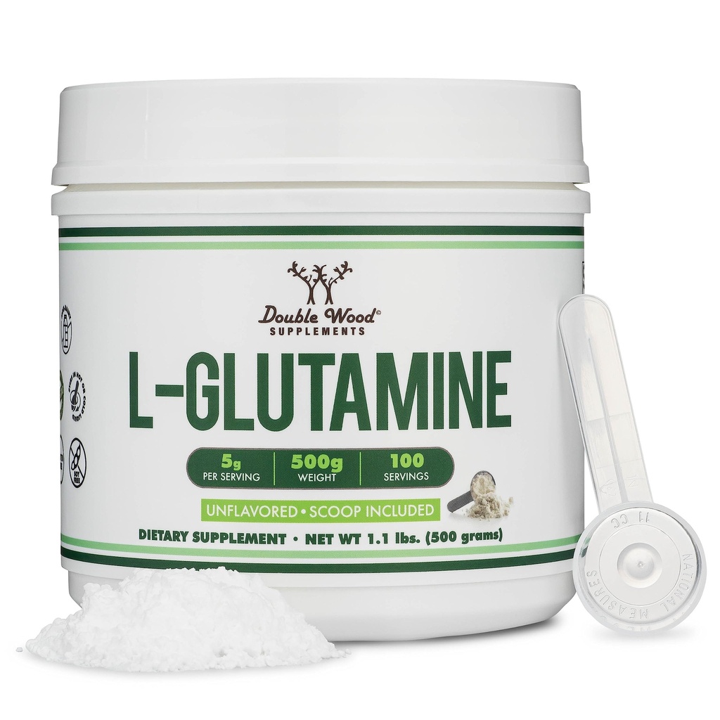 L Glutamine Powder 1.1lbs (100 Servings of 5 Grams Every - Third Party Tested L-Glutamine Powder) Unflavored, Keto, Vegan Friendly (with Scoop) for Exercise Endurance and Gut Health by Double Wood