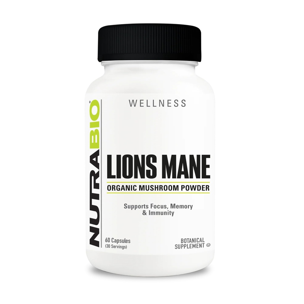 NutraBio Lions Mane Supplement Capsules- Organic Lion's Mane Mushroom Powder (500mg)- Focus, Memory, Immunity - 60 cápsulas vegetales