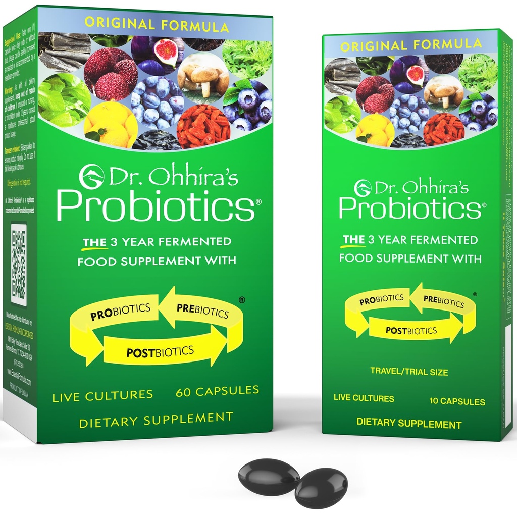 Probióticos del Dr. Ohhira, Fórmula original, 60 capsulas con bonificación 10 Paquete de Viaje - 13 Strains Probióticos con Prebióticos y Postbióticos