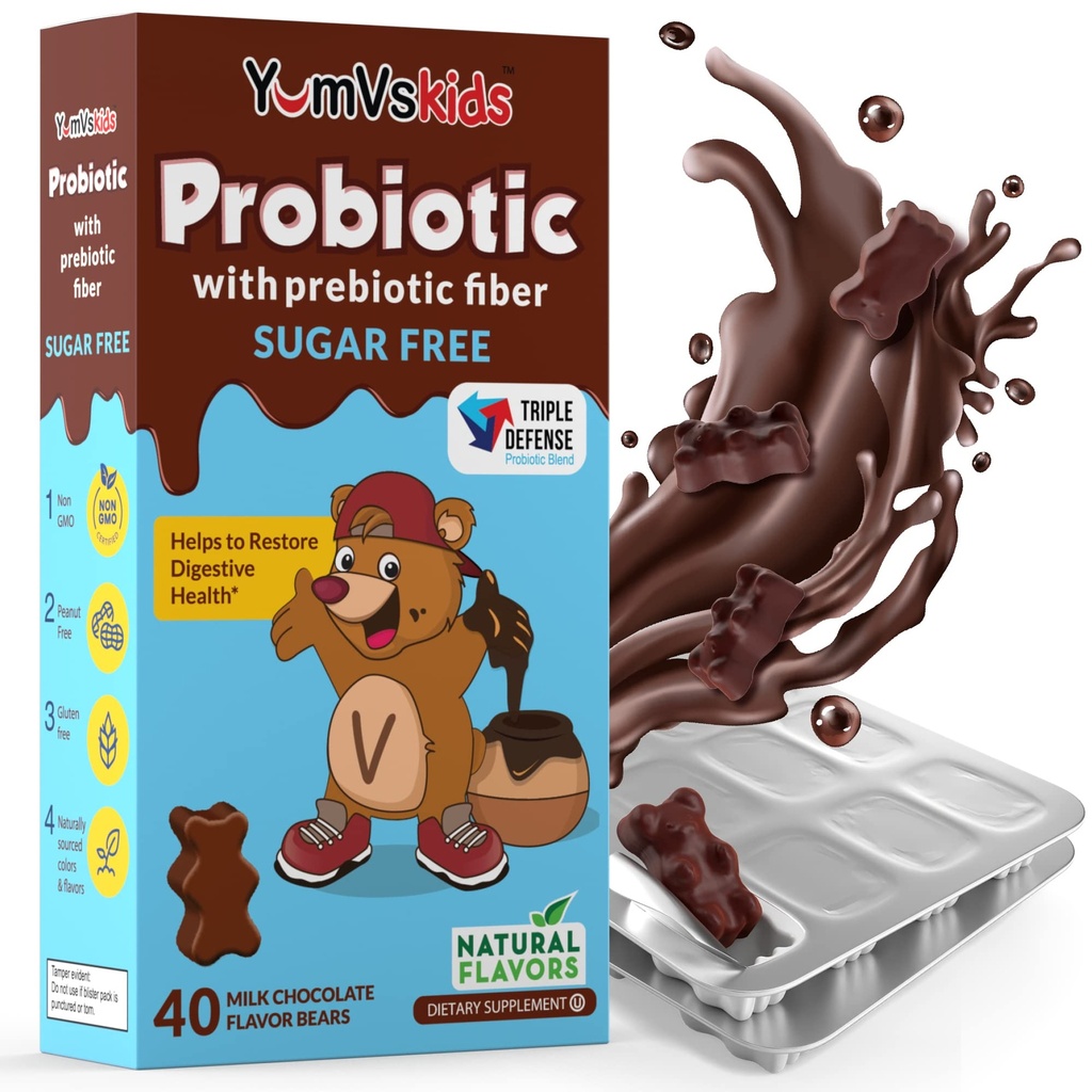 Probióticos para niños con azúcar de fibra prebiótica Suplementos Chewable de Chocolate gratis - Suplemento dietético Chewables para la salud digestiva - niños pequeños, niños y adolescentes 60 cuentan